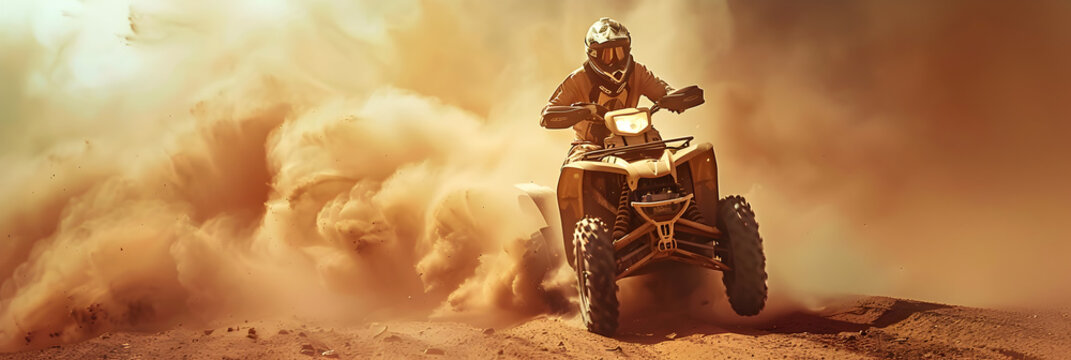 ATV quad bike leaving a trail of dust on a desert path on white background.