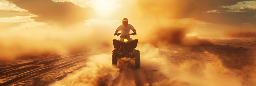 ATV quad in dust cloud with desert on background. Biker rider in action.