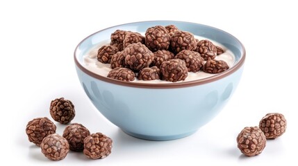 A Bowl Filled with Chocolate Corn Balls Accompanied by Milk and Yogurt, Isolated on a Pristine White Background