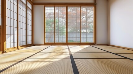 The Tranquil Beauty of an Empty Room with Tatami Mats and Wood Shoji Windows, Illuminating East Asian Aesthetics