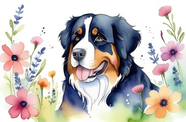 A thoroughbred, beautiful, smiling tricolor, black Bernese Mountain Dog with flowers. Postcard