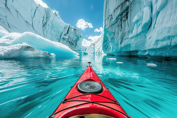 Red kayak in icy blue waters among towering glaciers - obrazy, fototapety, plakaty