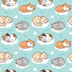 Seamless Pattern with Cartoon Cat Sleeping Design on Pastel Green Background - obrazy, fototapety, plakaty