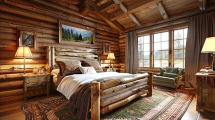 A Serene Log Cabin Bedroom Crafted from Rustic Wood, Inviting Nature Indoors