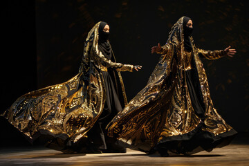Models in glittering black abayas create a captivating spectacle at a dynamic muslim fashion show