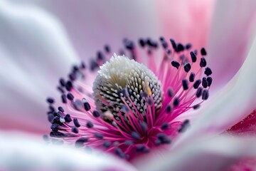 An exquisite macro shot of a magnolia bloom, featuring a soft pink and white gradient and a cluster of contrasting purple stamen