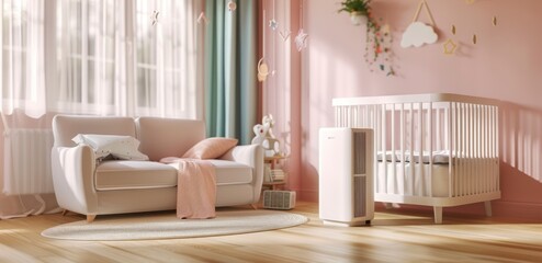 A Modern White Air Purifier Harmonizes with a Pink Toddler's Room, Featuring a Cozy Beige Sofa and Baby Crib, Illuminated by Turquoise Draped Windows