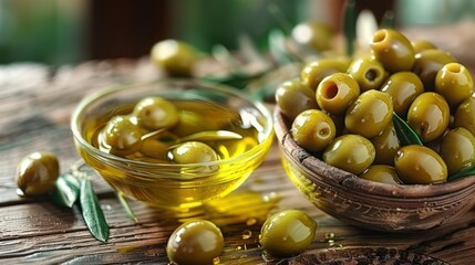 Vibrant Green Marinated Olives Paired with Fragrant Olive Oil, Elegantly Set on a Wooden Backdrop