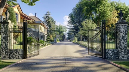 The Majestic View Offered by Open Iron Gates to a Serene Driveway