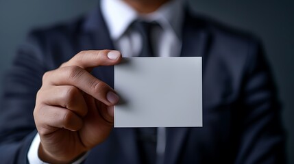Close up hand of Businessman holding blank white card in studio