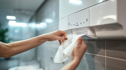 The Simple Act of a Woman Extracting a Paper Towel from a Bathroom Dispenser