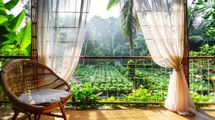 A Bamboo Chair Offers a Peaceful Vantage Point Through Sheer Blinds to a Thriving Vegetable Garden