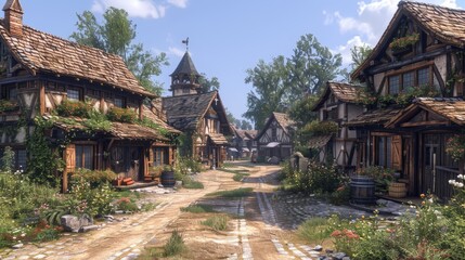 Fototapeta na wymiar Medieval Village: Capture quaint medieval village streets, timber-framed houses, and cobblestone pathways to depict rural life