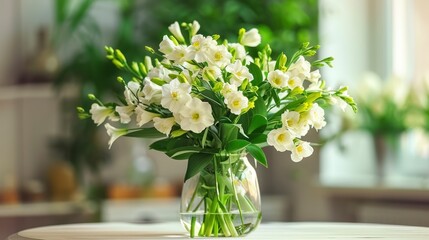 A Timelessly Beautiful Bouquet of White Freesias, Perfectly Placed on a Household Table