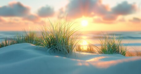 Dreamy Green Grasses Adorn a Sand Dune, with the Sea Blurred and Sunset Aglow in the Background