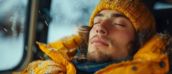 A young man fell asleep while driving. Concept Car accidents, Drowsy driving, Sleep deprivation, Road safety, Alertness training - obrazy, fototapety, plakaty