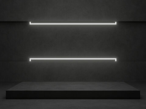 3D black geometric podium with white neon lights