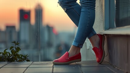 A Fashion-Forward Woman's Legs, Adorned in Ruby Red Flats, Strike a Pose Against a Wall. Modern city leisure lifestyle