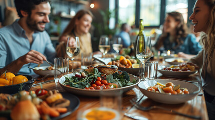 Convivial atmosphere envelops a dining table where friends come together, engaging in the timeless tradition of sharing meals - obrazy, fototapety, plakaty
