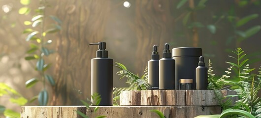 Sleek Black Containers for Spa Products Arranged on a Wooden Log, Amidst a Symphony of Green Leaves and Radiant Sunlight