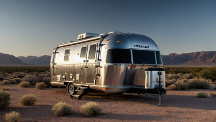 Fototapeta na wymiar Luxury Airstream trailer with sleek solar panels adorning its metallic exterior, offering mobile eco-friendly living on the open road.