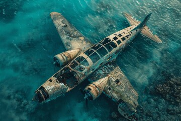 Mysterious atmosphere surrounding a lost plane in the ocean, with a dramatic and suspenseful composition.