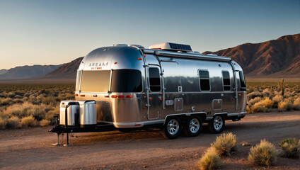 Luxury Airstream trailer with sleek solar panels adorning its metallic exterior, offering mobile eco-friendly living on the open road.