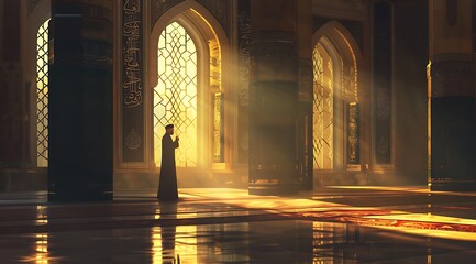 Muslim man standing praying in the mosque