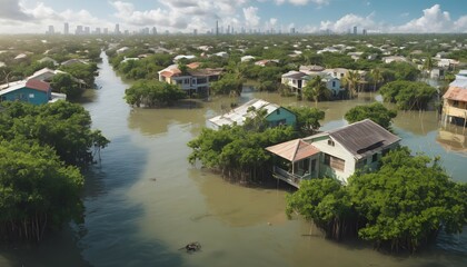 Fototapeta na wymiar Flooded urban neighborhood with houses half submerged and mangroves flourishing in the streets, the effects of climate change, a future without humans