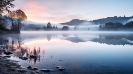 Tranquil lake with mist rising at dawn in scenic view