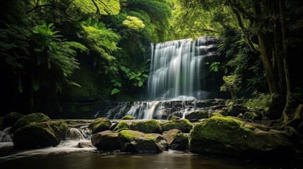 Fototapeta na wymiar Tranquil waterfall with lush greenery in scenic view