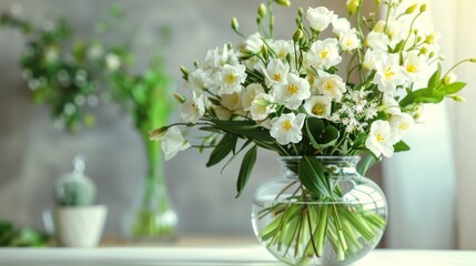 Fototapeta na wymiar A Stunning Bouquet of White Freesia Flowers Adorning a Table at Home