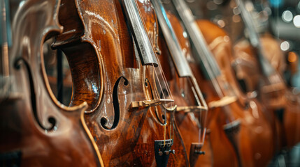 A close-up of a row of high-quality violins, showcasing the wood texture and craftsmanship in a display setting - obrazy, fototapety, plakaty