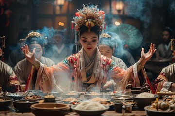 Scene of Yunnanese dance near a traditional dining table.