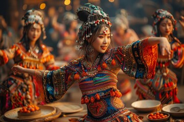 Scene of Yunnanese dance near a traditional dining table.