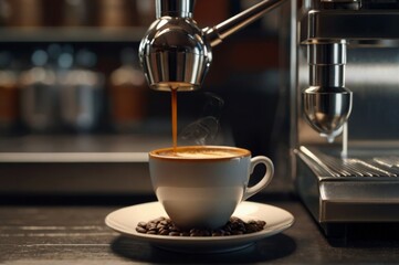 a cup of coffee near the coffee machine - obrazy, fototapety, plakaty