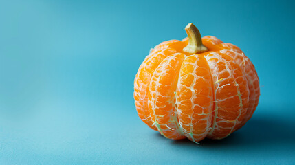 Peeled tangerine shaped like a pumpkin on a minimal blue background in the copy space concept. Minimal food idea. 