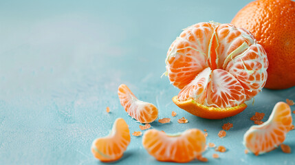 Tangerine and peeled tangerine with some slices scattered around it on a minimal blue background Web banner with empty space fot text. Minimal food idea