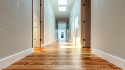 Obraz premium An Empty House Boasts a Corridor with Gleaming Hardwood Floors and Inviting Skylights