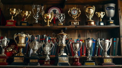 An array of gleaming trophies lined up on a bookshelf, celebrating victories and accomplishments