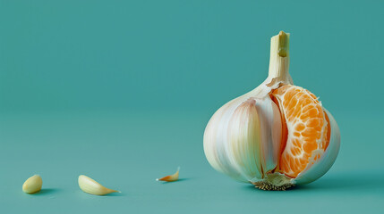 Head of garlic on a light blue background with a sliced of peeled tangerine tries to fit in instead of clove. Minimal food idea. Banner with copy space. 