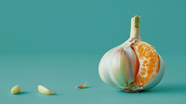 Head of garlic on a light blue background with a sliced of peeled tangerine tries to fit in instead of clove. Minimal food idea. Banner with copy space. 