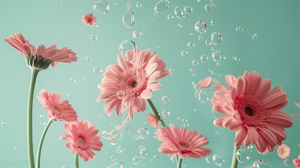 bubble gum pink gerberas flying against a mint background