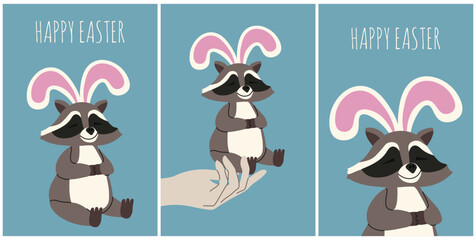 Set Happy Easter Greeting Card with Racoon in Bunny ears. Cute Easter posters with Rabbit Coon in trendy Groovy style. Y2K Vector aesthetic. Editable stroke © Olga Igumenova