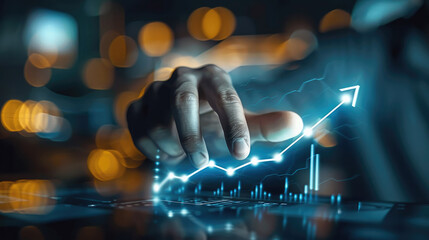 Businessman touching glowing upward arrow on virtual screen, a growing graph showing business growth in the concept with the businessman pointing at a positive line chart. Generative AI.