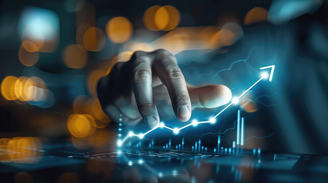 Businessman touching glowing upward arrow on virtual screen, a growing graph showing business growth in the concept with the businessman pointing at a positive line chart. Generative AI.