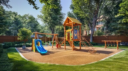 A Vibrant Playground for Kids Nestled in a Backyard Surrounded by Lush Lawn and Towering Trees