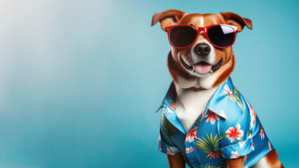 Dog in sunglasses and Hawaiian shirt on blue background with space for text. - obrazy, fototapety, plakaty