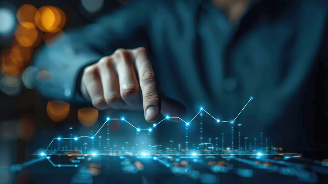 Businessman touching glowing upward arrow on virtual screen, a growing graph showing business growth in the concept with the businessman pointing at a positive line chart. Generative AI.