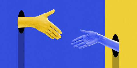 Poster. Contemporary art collage. Blue and yellow hands peeking out of black holes in space to make a deal. Abstract vibrant artwork. Concept of pop art, positive emotions. Minimal art design.